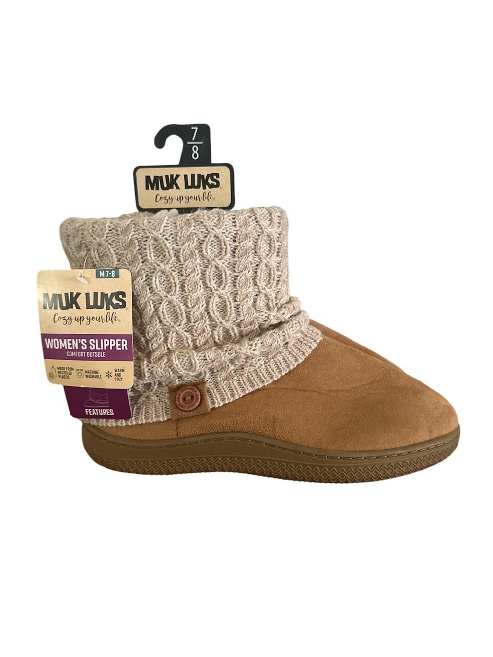 Muk Luks Tan Suede-Look Slipper Bootie with Cream Cable Knit Cuff NEW sz M 7/8